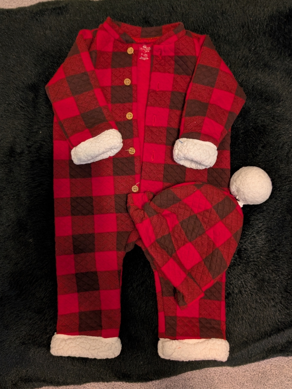 Baby Red and Black Buffalo Plaid One-Piece with Sherpa Trim Matching Hat